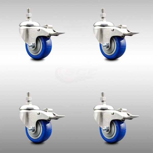 3 Inch 316SS Blue Polyurethane Wheel Swivel 10mm Stem Caster Set Lock Brake, Service Caster, Mfr#: SS316TSTTL20S314-PPUB-BLUE-M1015-4
